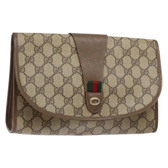 GUCCI GG Supreme Web Sherry Line Clutch Bag PVC Beige Gold 89 01 030 Auth 141030 - Picture 1 of 16